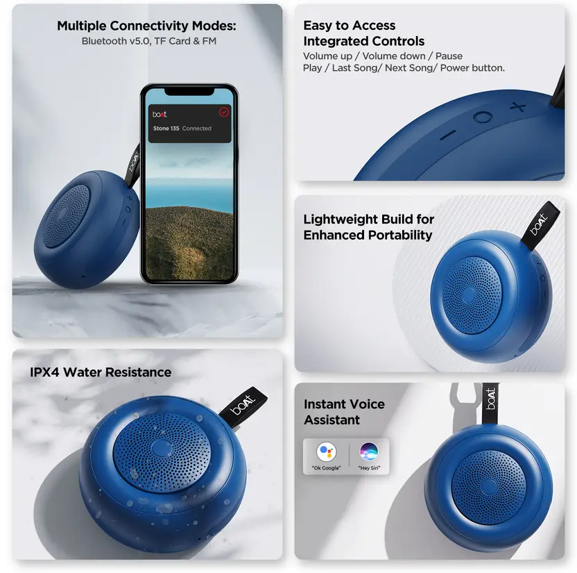 boAt Stone 135 with 5W , upto 11 Hours Playback & TWS Feature 5 RMS Bluetooth Speaker  (Bold Blue, M